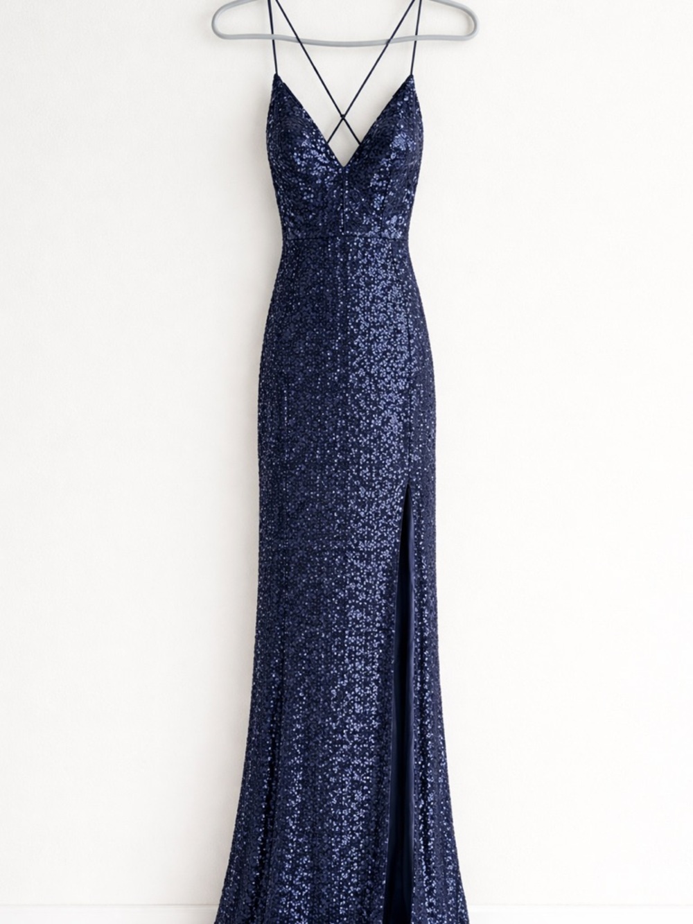 City Studios Navy Sequin Spaghetti-Strap Prom Gown
